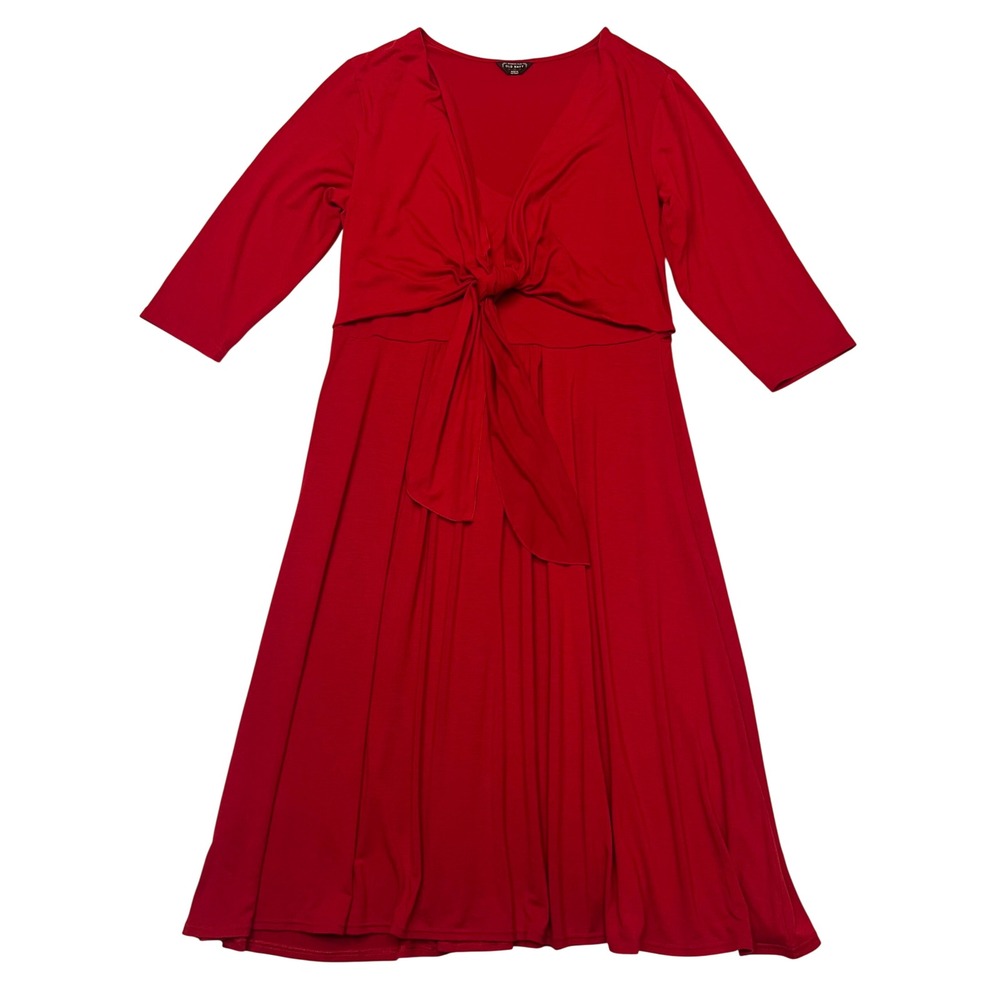 Old Navy Red V-Neck Tie Front 3/4 Sleeve Jersey Knit Classic Midi Dress Size 1X